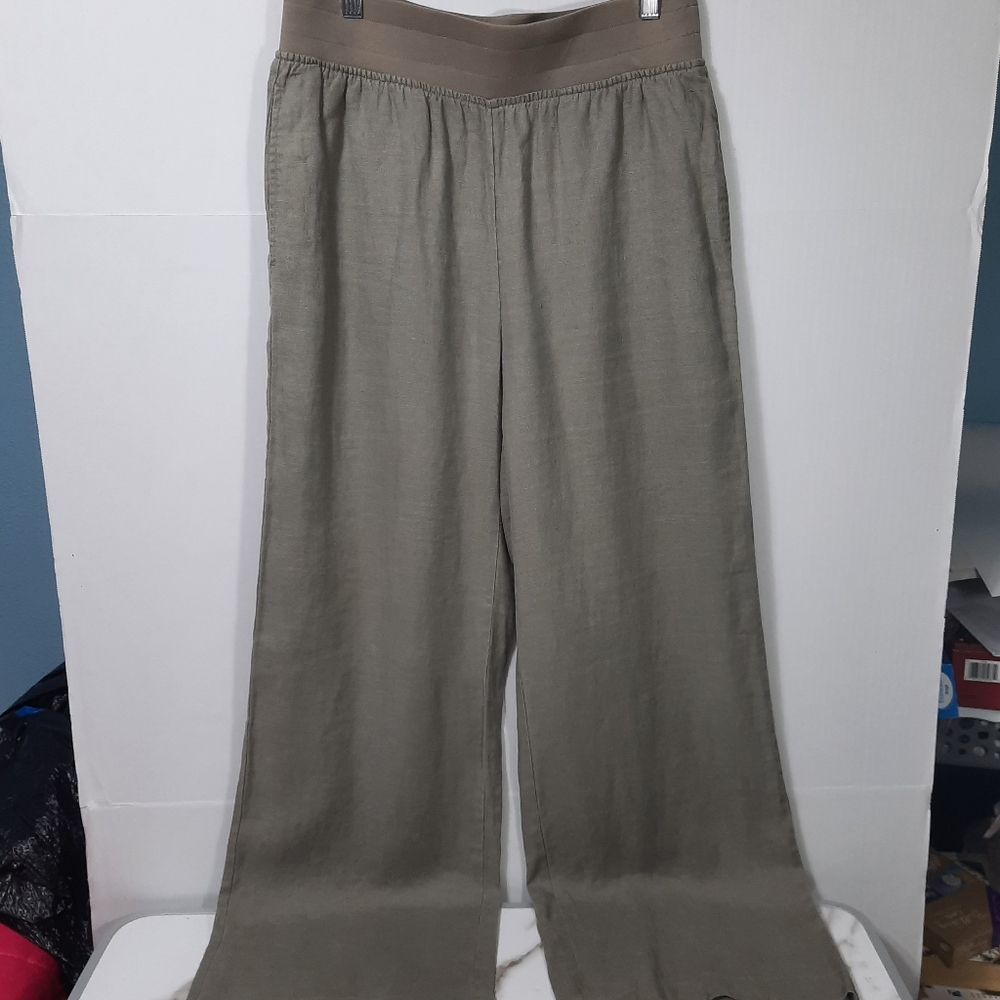 Soft Surroundings Wide Leg Pants Size Small Light Olive Green 100% Linen Pull On